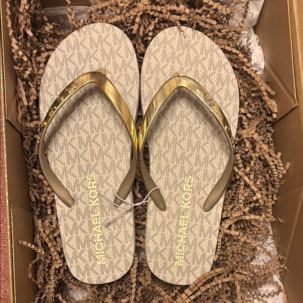 Michael Kors Gold and Beige Flip Flops